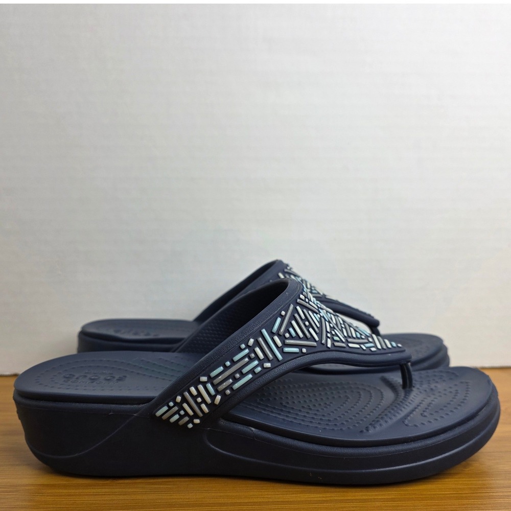 Crocs Monterey Beaded Wedge Flip Flops Navy Blue Women Size 9 Sandals - Picture 3 of 11